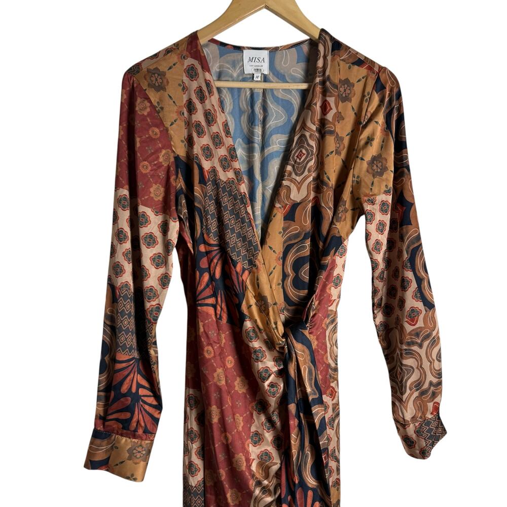 MISA Eliza Patchwork Print Long Sleeve Tie Waist Boho Wrap Midi Dress Size M - Picture 7 of 16